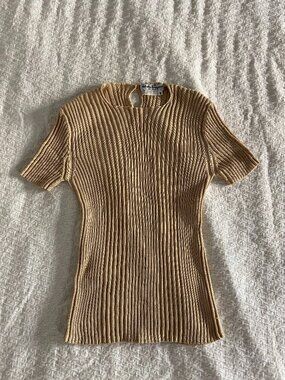 Salvatore Ferragamo Cotton Silk Blend Ribbed Knit Short Sleeve Top